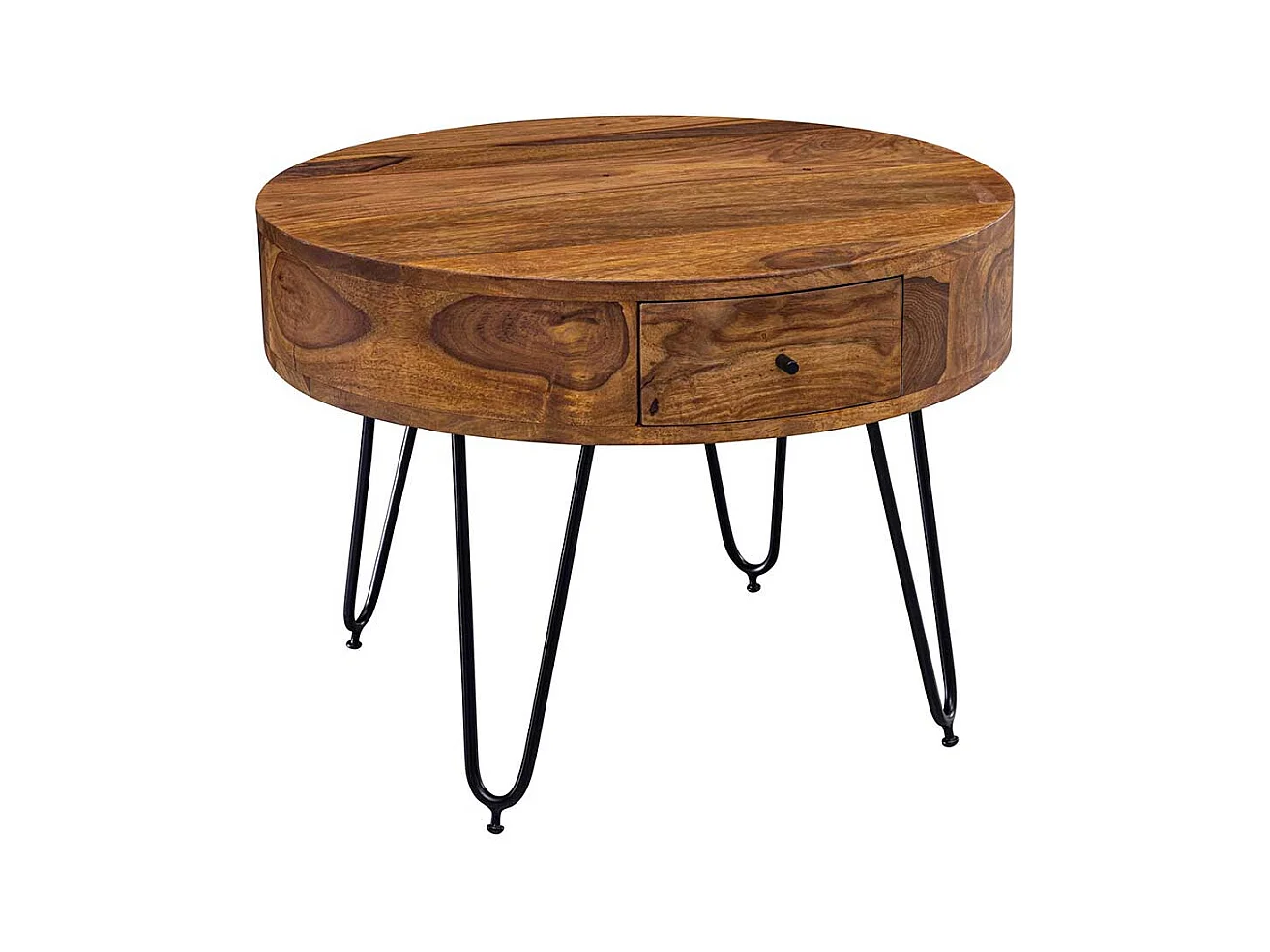 Wohnzimmertisch aus Sheesham Massivholz und Edelstahl rund