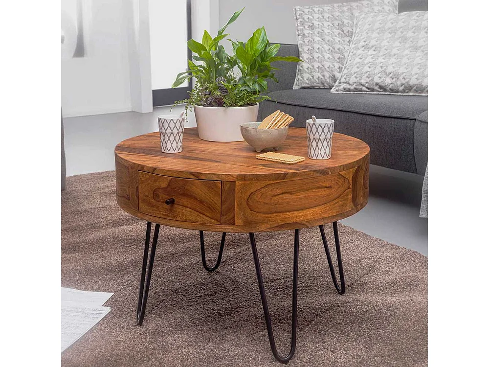 Wohnzimmertisch aus Sheesham Massivholz und Edelstahl rund