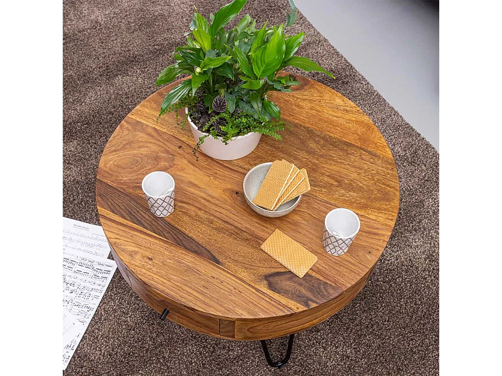 Wohnzimmertisch aus Sheesham Massivholz und Edelstahl rund
