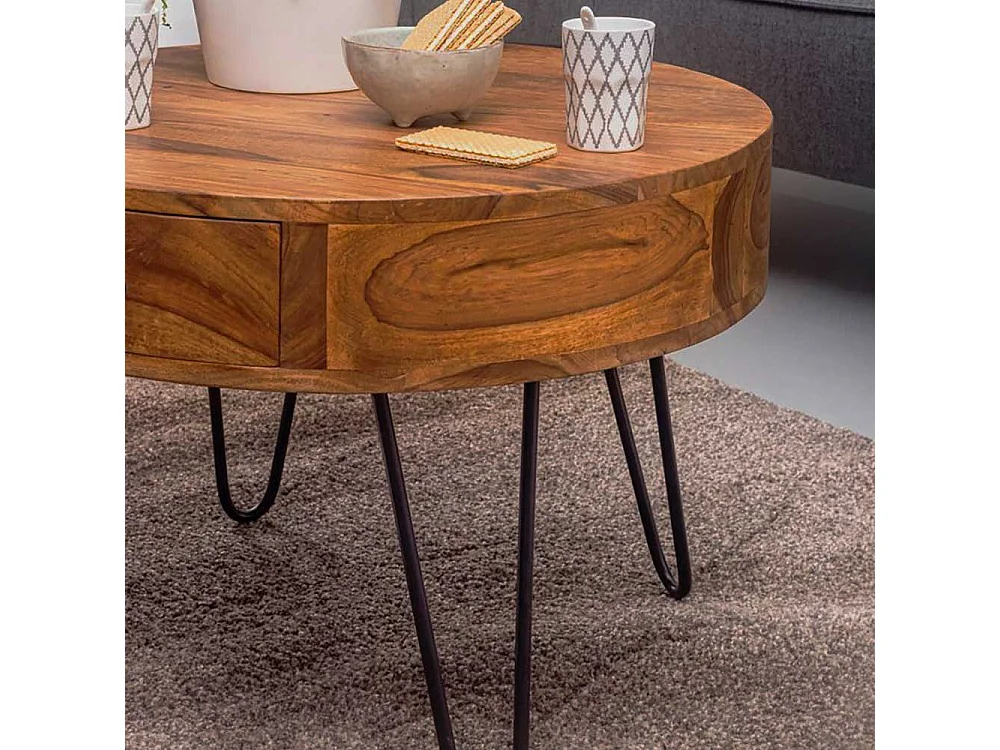 Wohnzimmertisch aus Sheesham Massivholz und Edelstahl rund