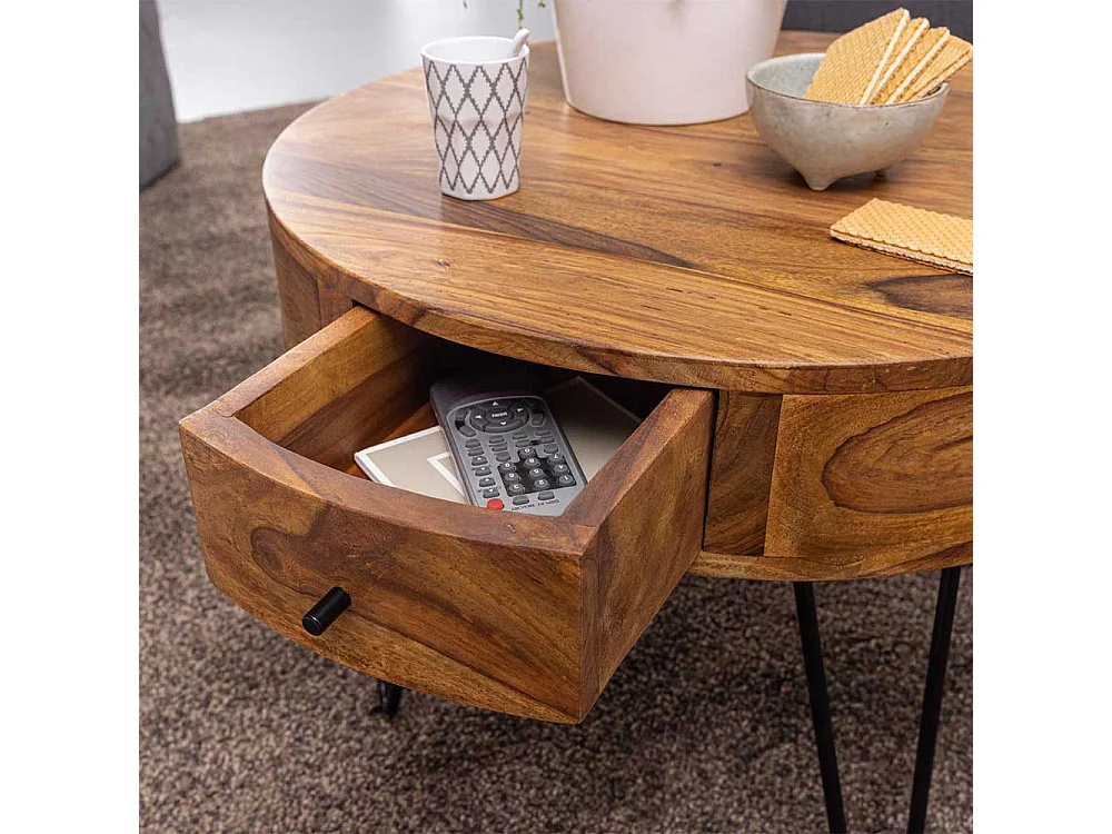 Wohnzimmertisch aus Sheesham Massivholz und Edelstahl rund