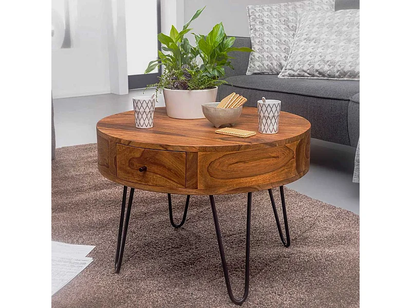 Wohnzimmertisch aus Sheesham Massivholz und Edelstahl rund