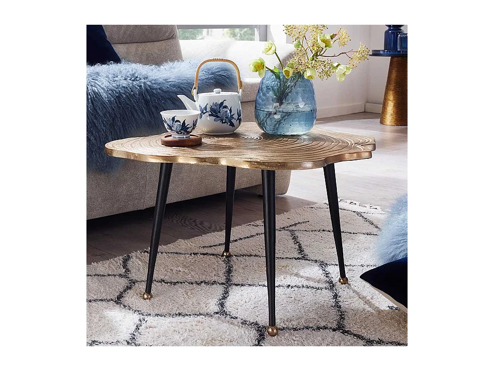 Metall Couchtisch modern in Goldfarben und Schwarz Baumscheiben Optik Platte