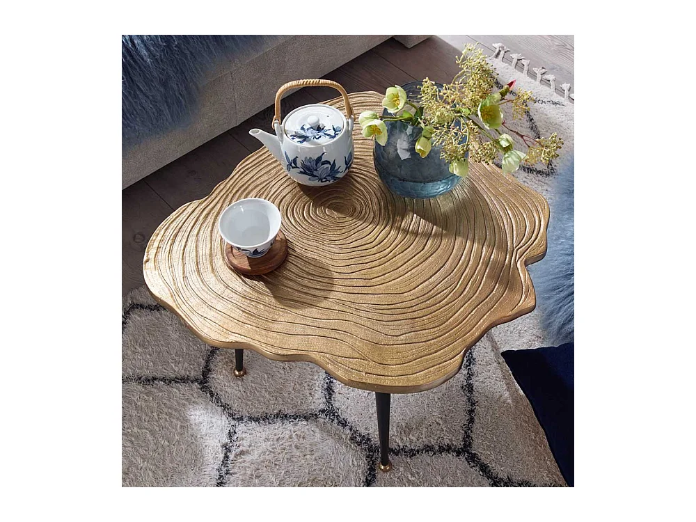 Metall Couchtisch modern in Goldfarben und Schwarz Baumscheiben Optik Platte