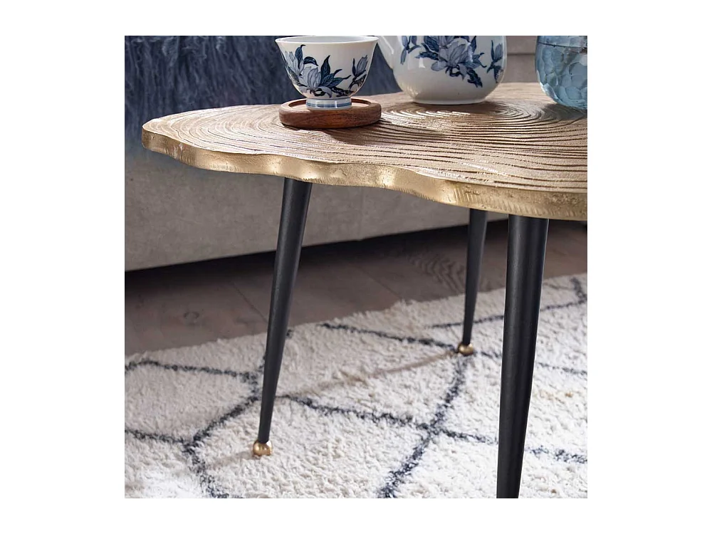 Metall Couchtisch modern in Goldfarben und Schwarz Baumscheiben Optik Platte