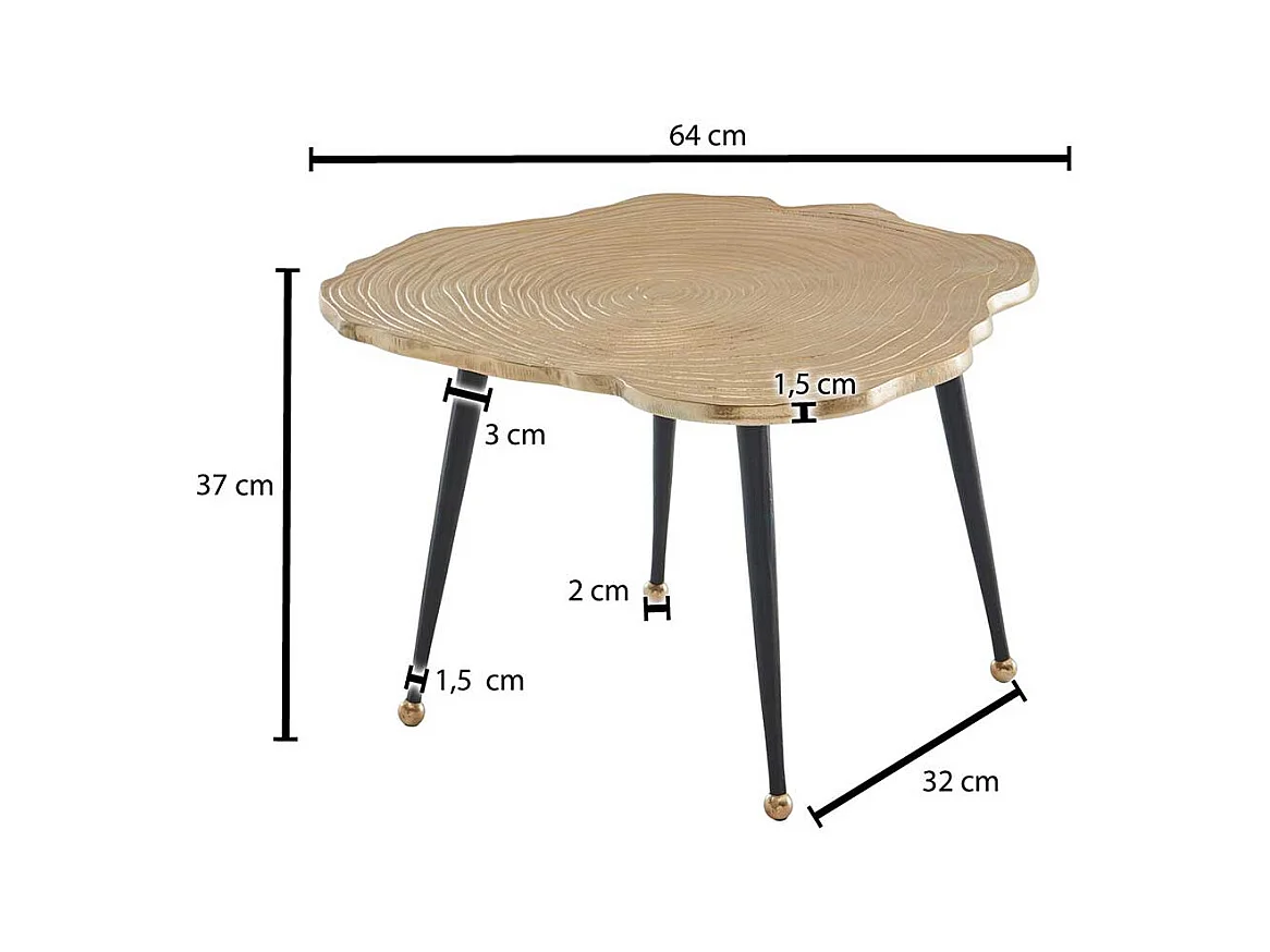 Metall Couchtisch modern in Goldfarben und Schwarz Baumscheiben Optik Platte