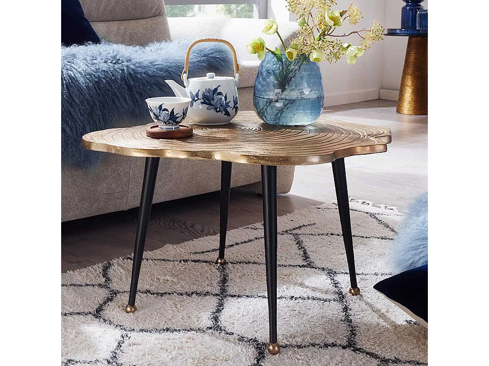 Metall Couchtisch modern in Goldfarben und Schwarz Baumscheiben Optik Platte