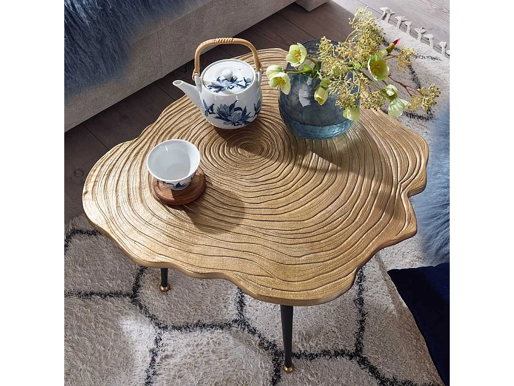 Metall Couchtisch modern in Goldfarben und Schwarz Baumscheiben Optik Platte