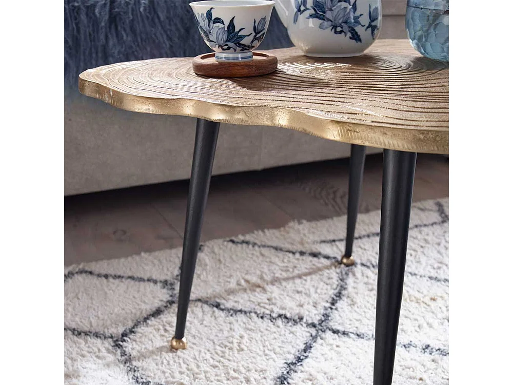 Metall Couchtisch modern in Goldfarben und Schwarz Baumscheiben Optik Platte