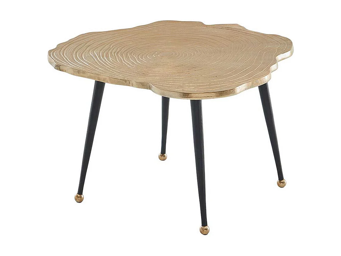 Metall Couchtisch modern in Goldfarben und Schwarz Baumscheiben Optik Platte