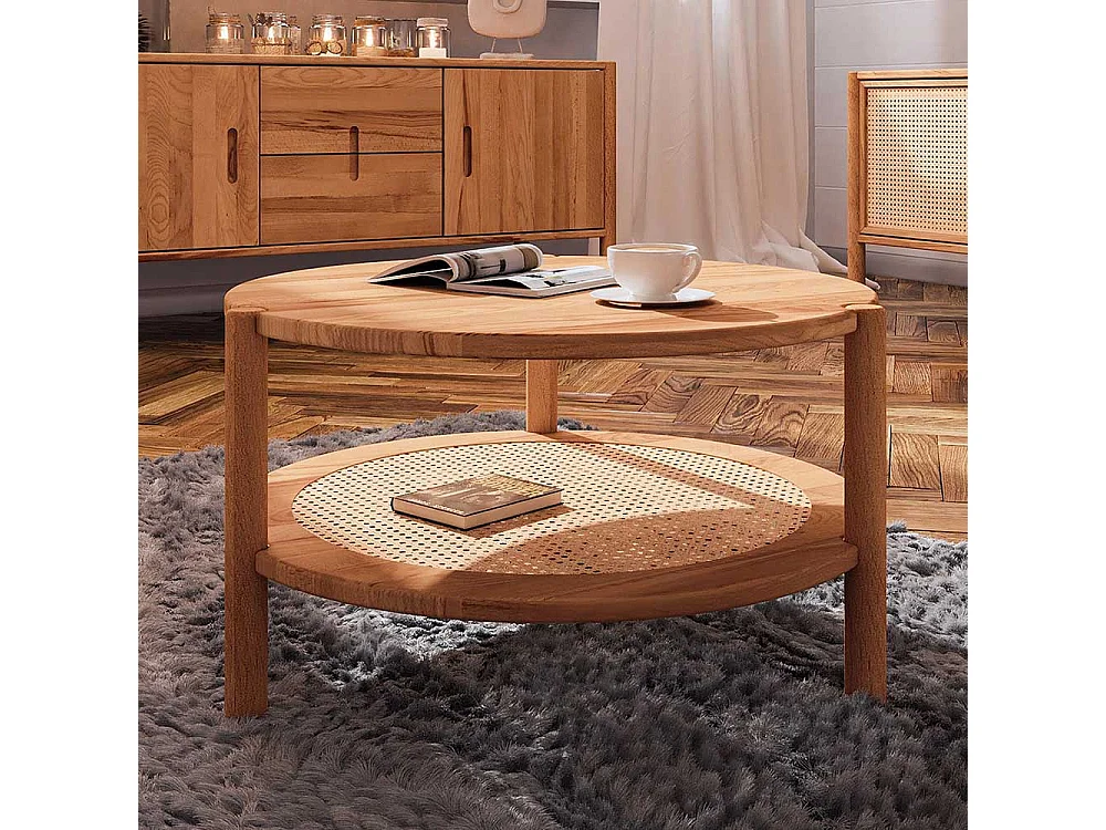 Moderner Wohnzimmertisch aus Rattan Geflecht Wildbuche Massivholz