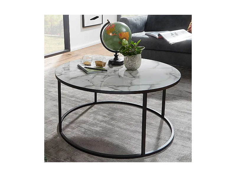 Wohnzimmertisch in Weiß Marmor Optik und Schwarz Metall rund