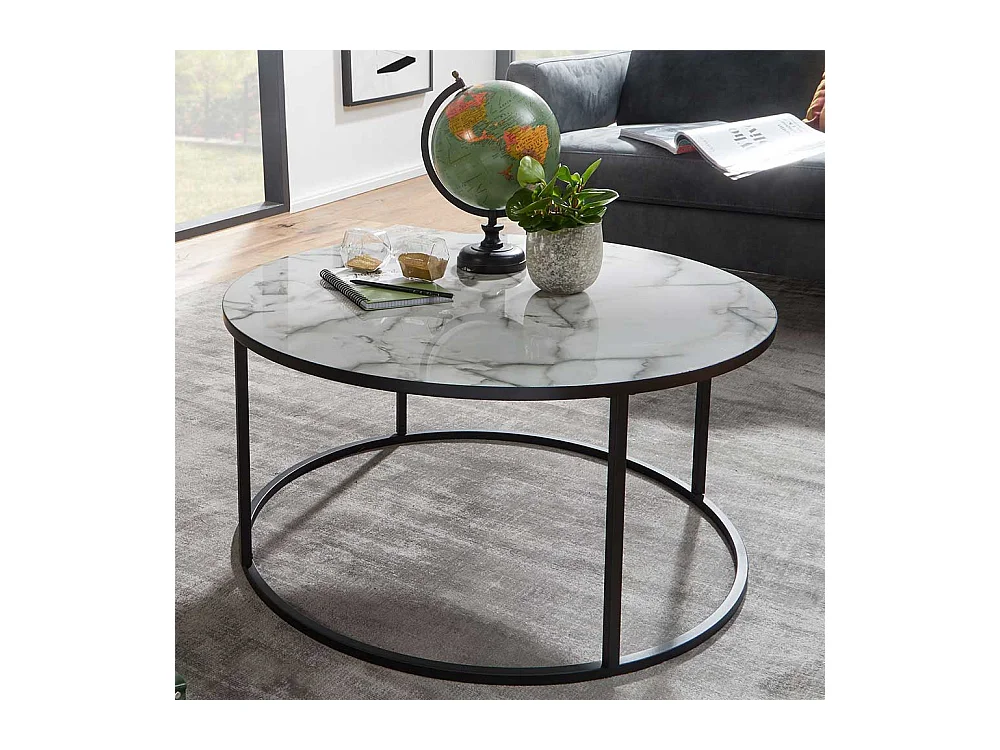 Wohnzimmertisch in Weiß Marmor Optik und Schwarz Metall rund