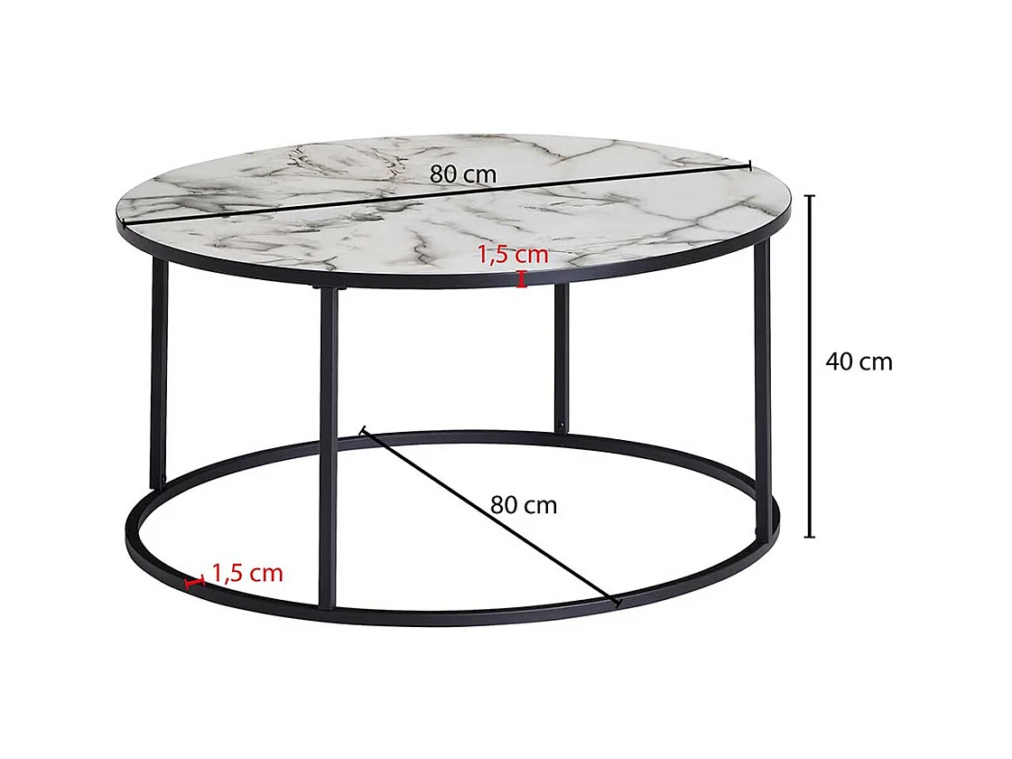 Wohnzimmertisch in Weiß Marmor Optik und Schwarz Metall rund