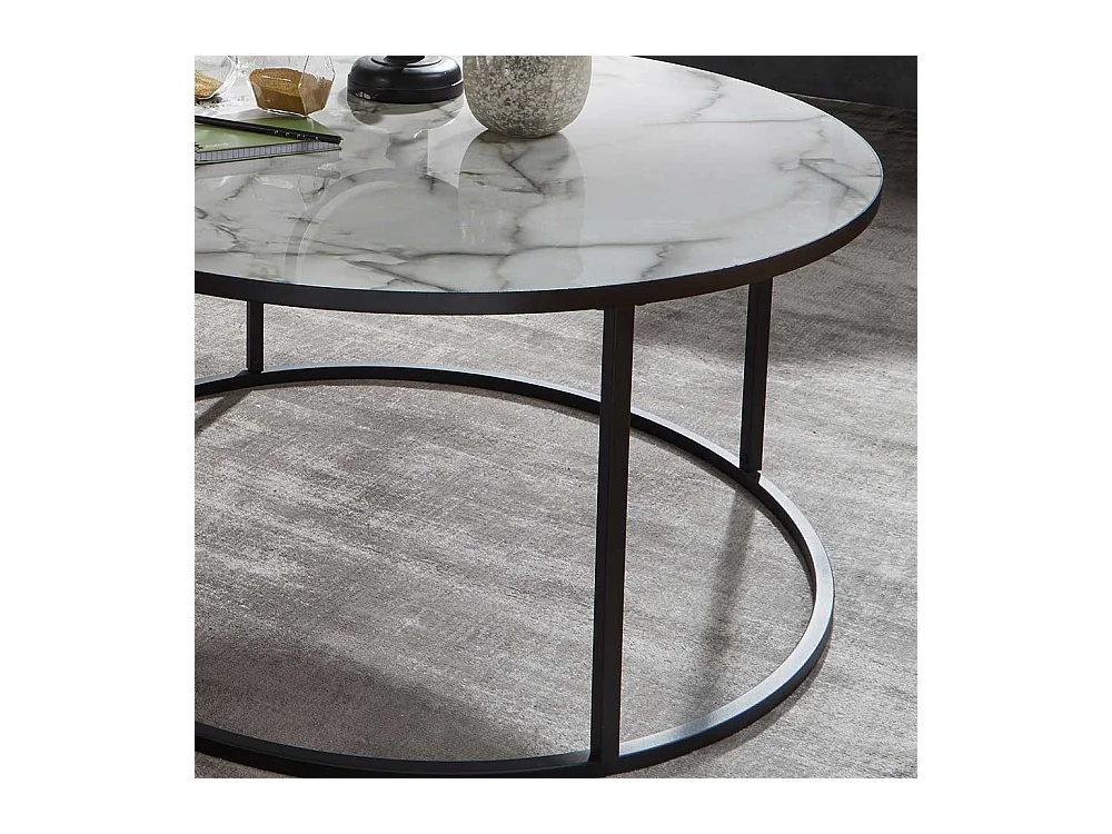 Wohnzimmertisch in Weiß Marmor Optik und Schwarz Metall rund