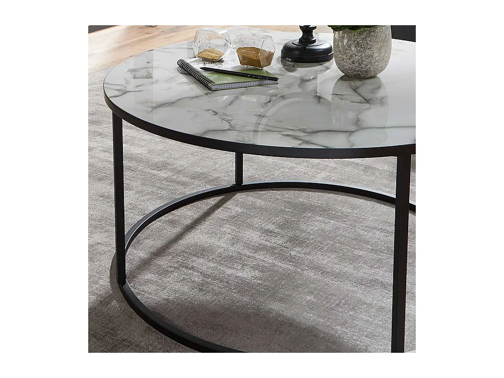 Wohnzimmertisch in Weiß Marmor Optik und Schwarz Metall rund