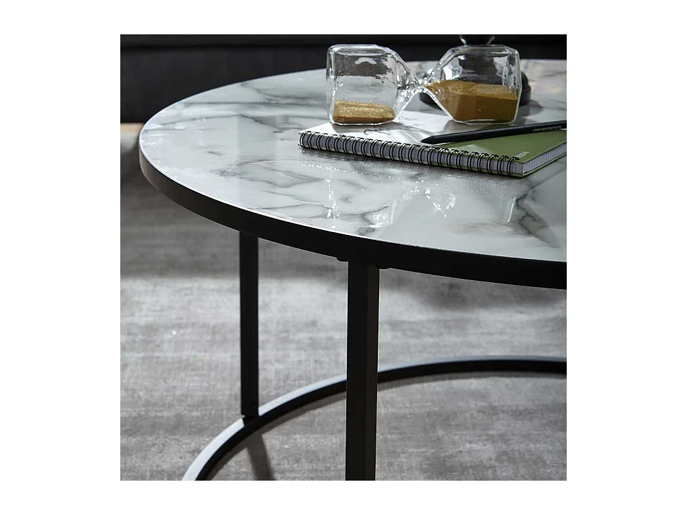 Wohnzimmertisch in Weiß Marmor Optik und Schwarz Metall rund