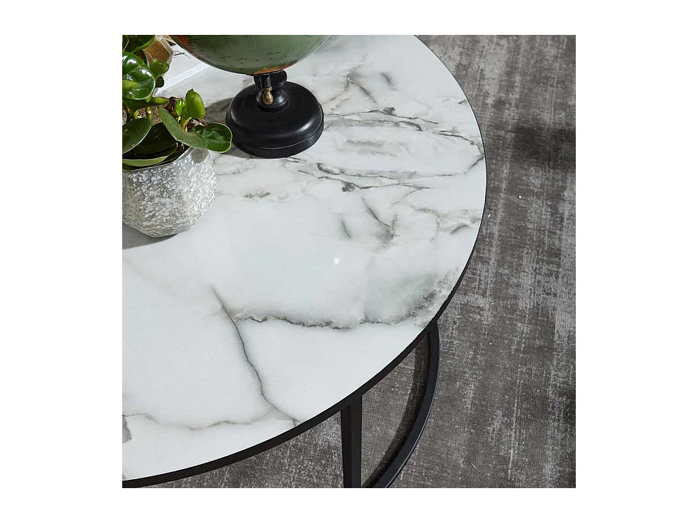 Wohnzimmertisch in Weiß Marmor Optik und Schwarz Metall rund
