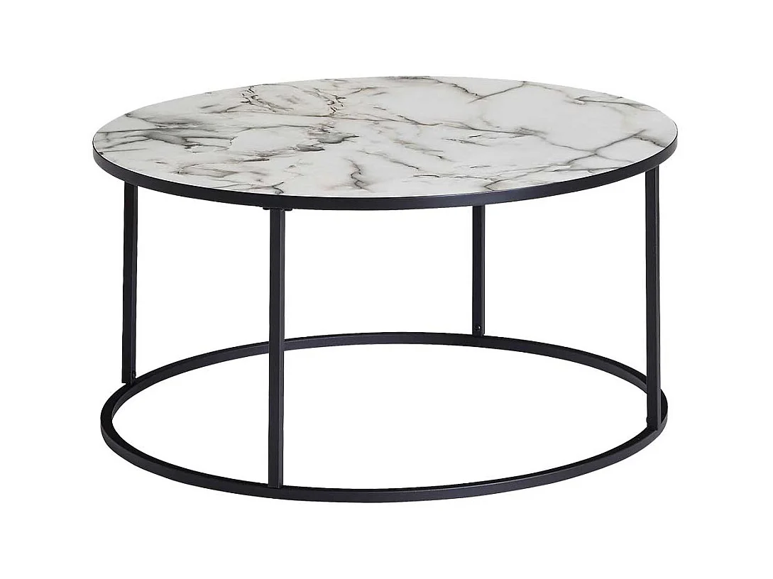 Wohnzimmertisch in Weiß Marmor Optik und Schwarz Metall rund