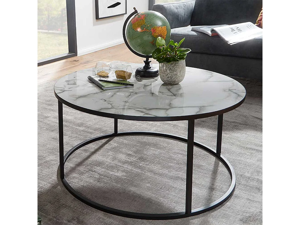 Wohnzimmertisch in Weiß Marmor Optik und Schwarz Metall rund