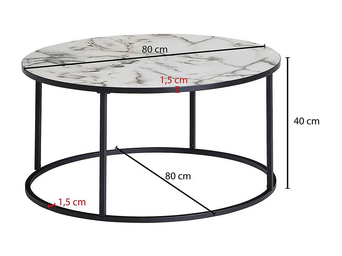 Wohnzimmertisch in Weiß Marmor Optik und Schwarz Metall rund