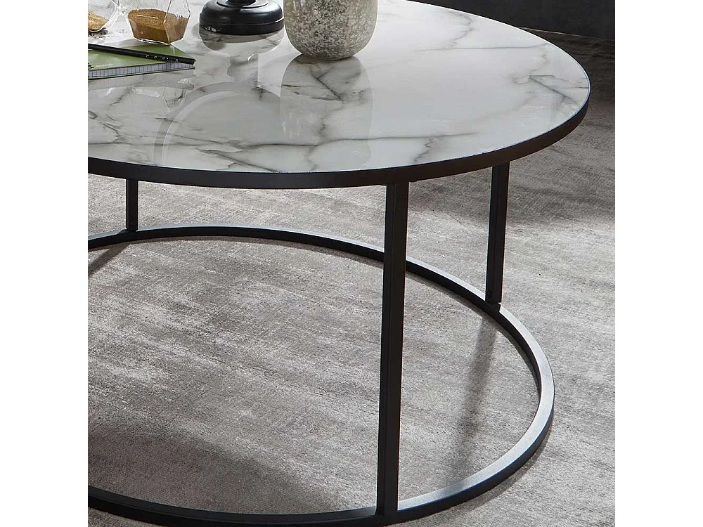 Wohnzimmertisch in Weiß Marmor Optik und Schwarz Metall rund