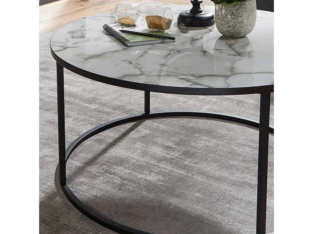Wohnzimmertisch in Weiß Marmor Optik und Schwarz Metall rund