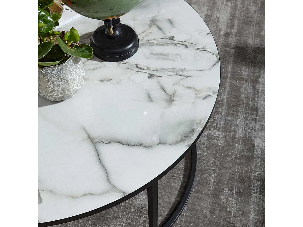 Wohnzimmertisch in Weiß Marmor Optik und Schwarz Metall rund