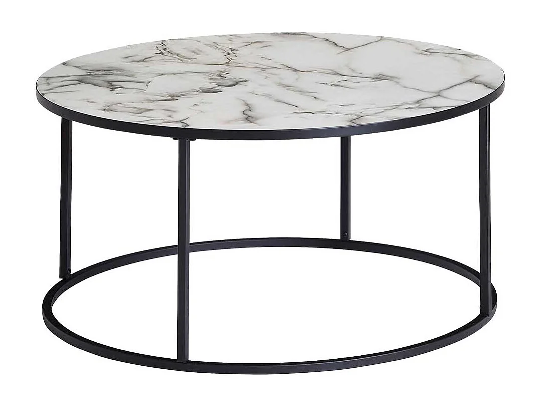 Wohnzimmertisch in Weiß Marmor Optik und Schwarz Metall rund