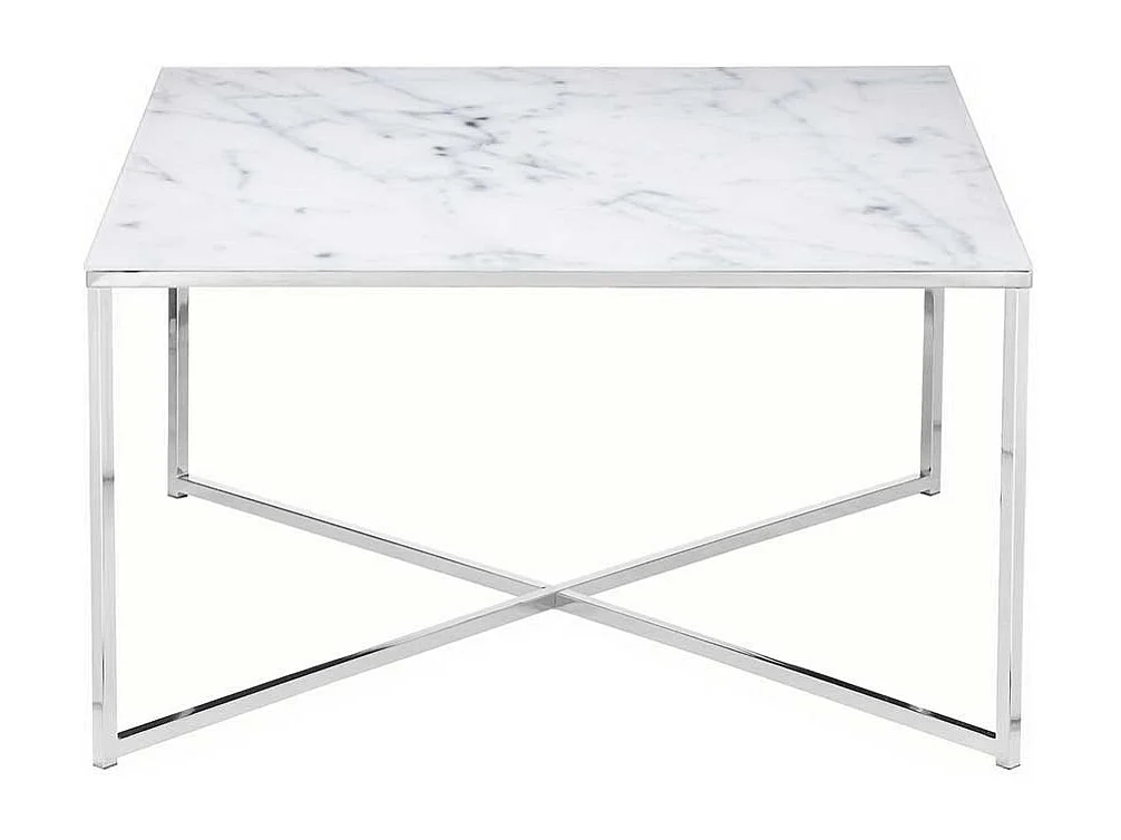 Glas Couchtisch in Weiß und Chrom Platte Marmoroptik