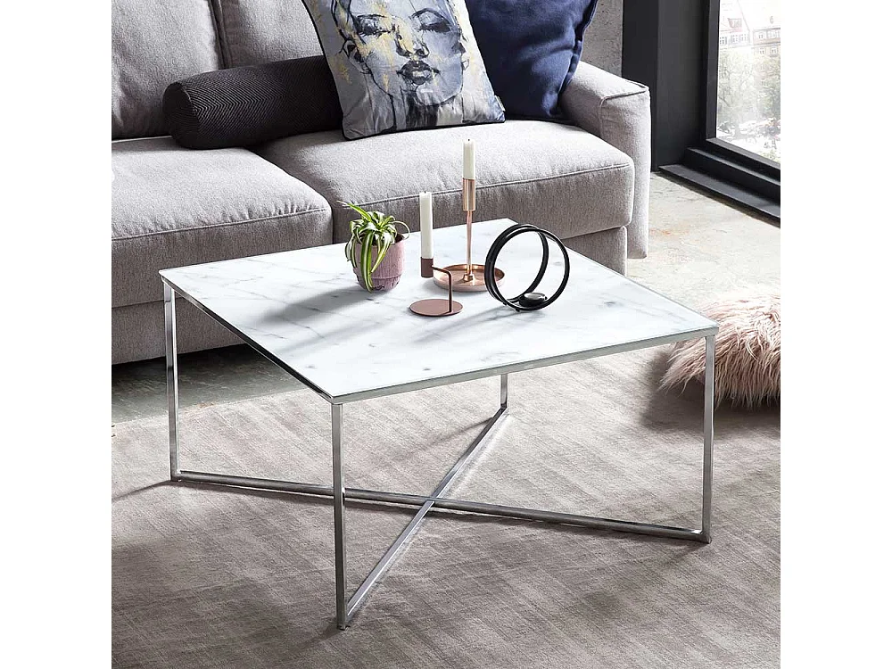 Glas Couchtisch in Weiß und Chrom Platte Marmoroptik