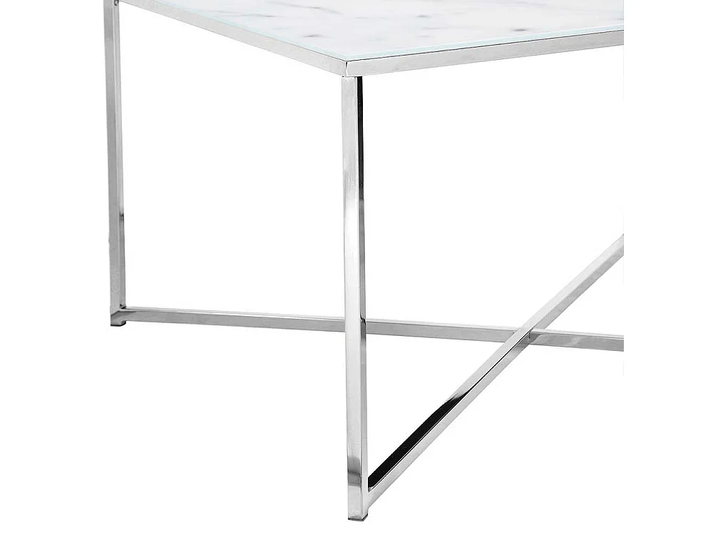 Glas Couchtisch in Weiß und Chrom Platte Marmoroptik