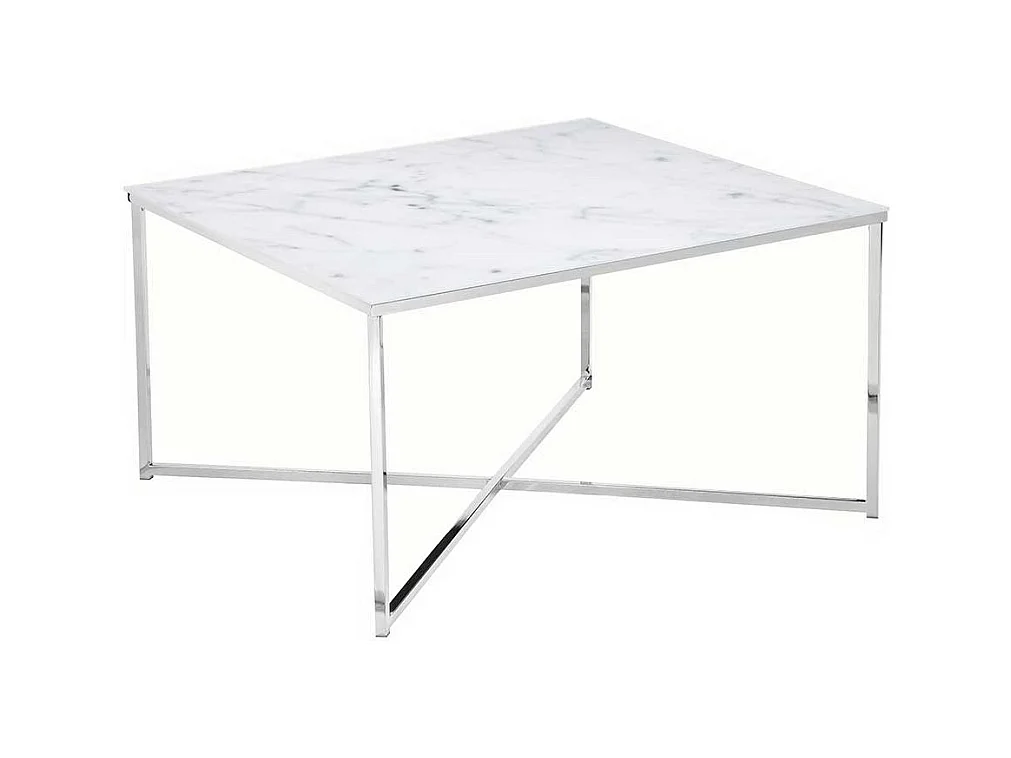 Glas Couchtisch in Weiß und Chrom Platte Marmoroptik