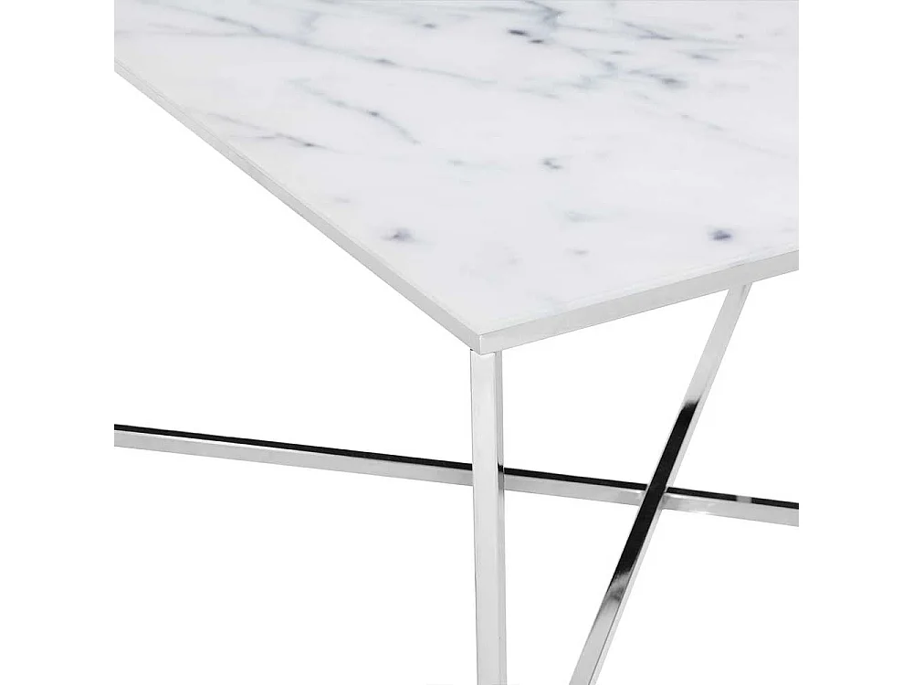 Glas Couchtisch in Weiß und Chrom Platte Marmoroptik