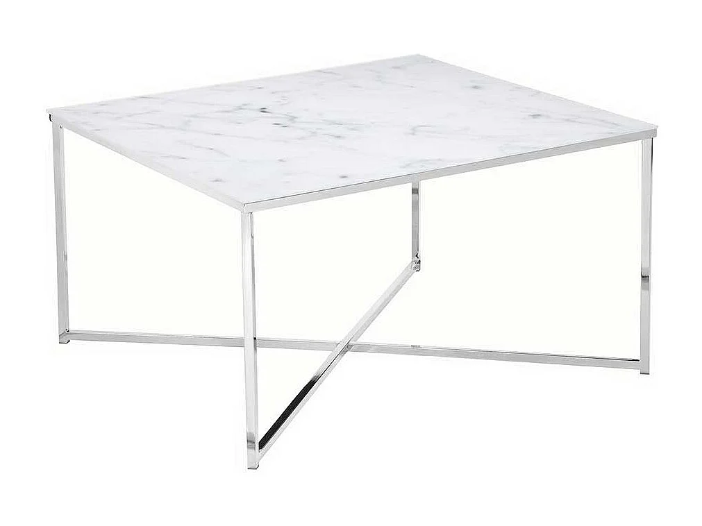 Glas Couchtisch in Weiß und Chrom Platte Marmoroptik