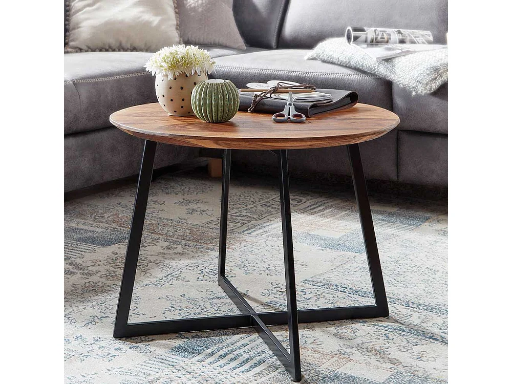 Retro Couchtisch aus Sheesham Massivholz mit Schweizer Kante 60 cm Durchmesser