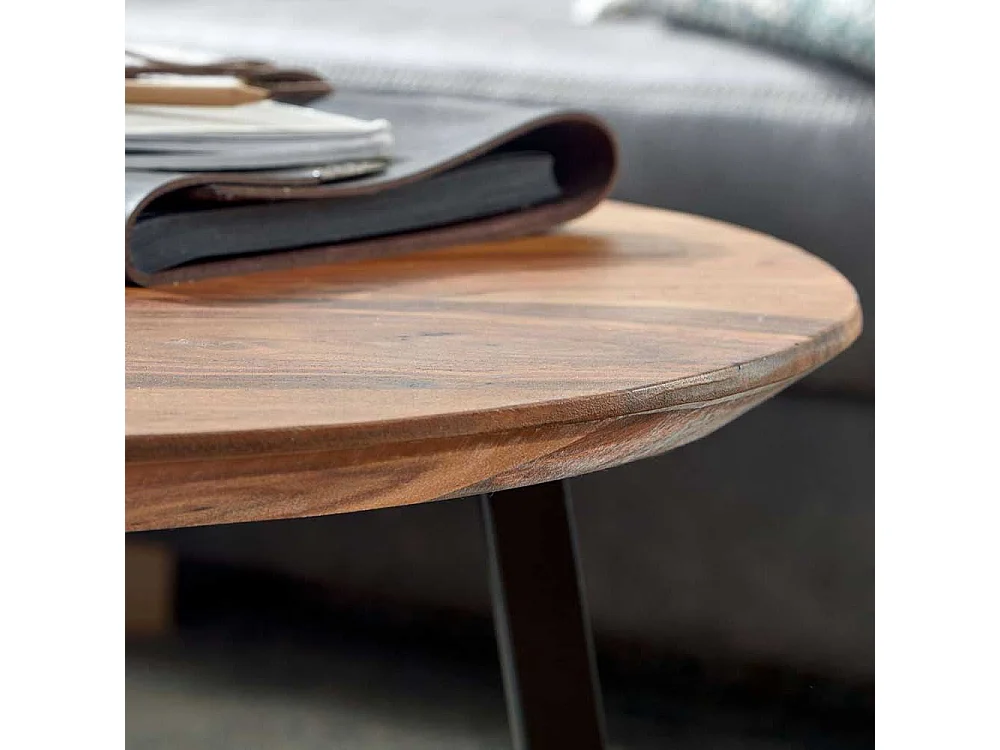 Retro Couchtisch aus Sheesham Massivholz mit Schweizer Kante 60 cm Durchmesser