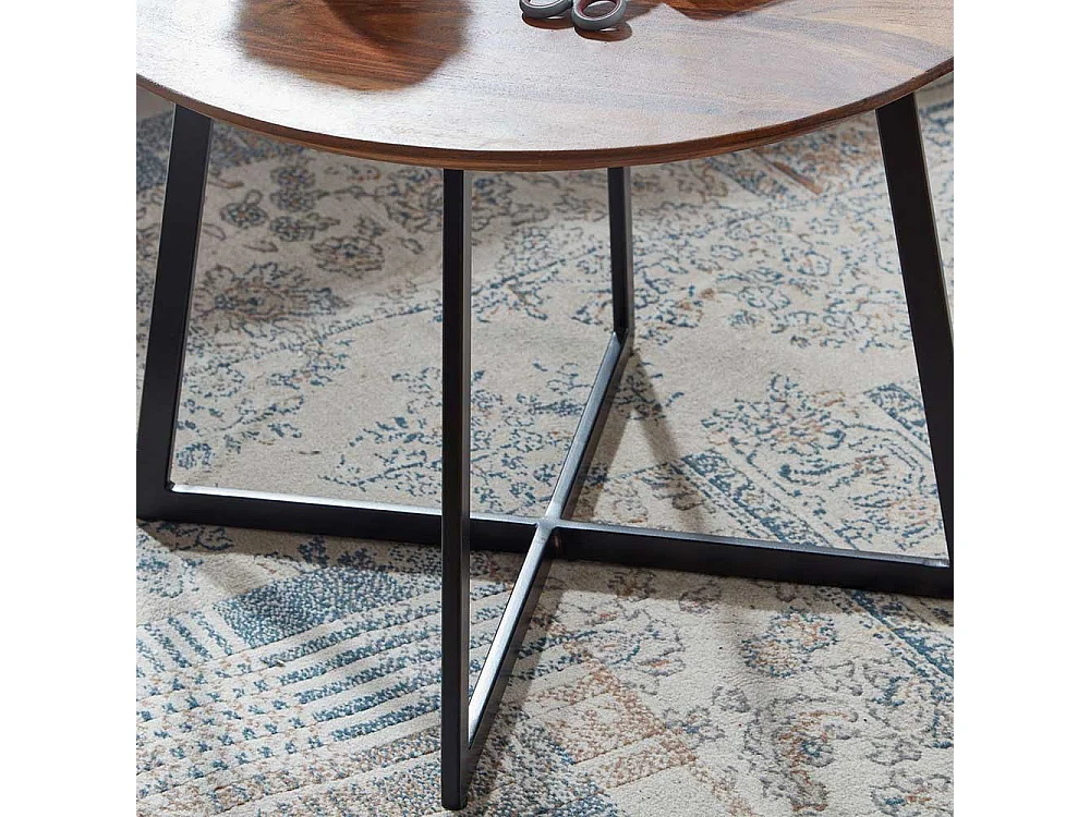 Retro Couchtisch aus Sheesham Massivholz mit Schweizer Kante 60 cm Durchmesser