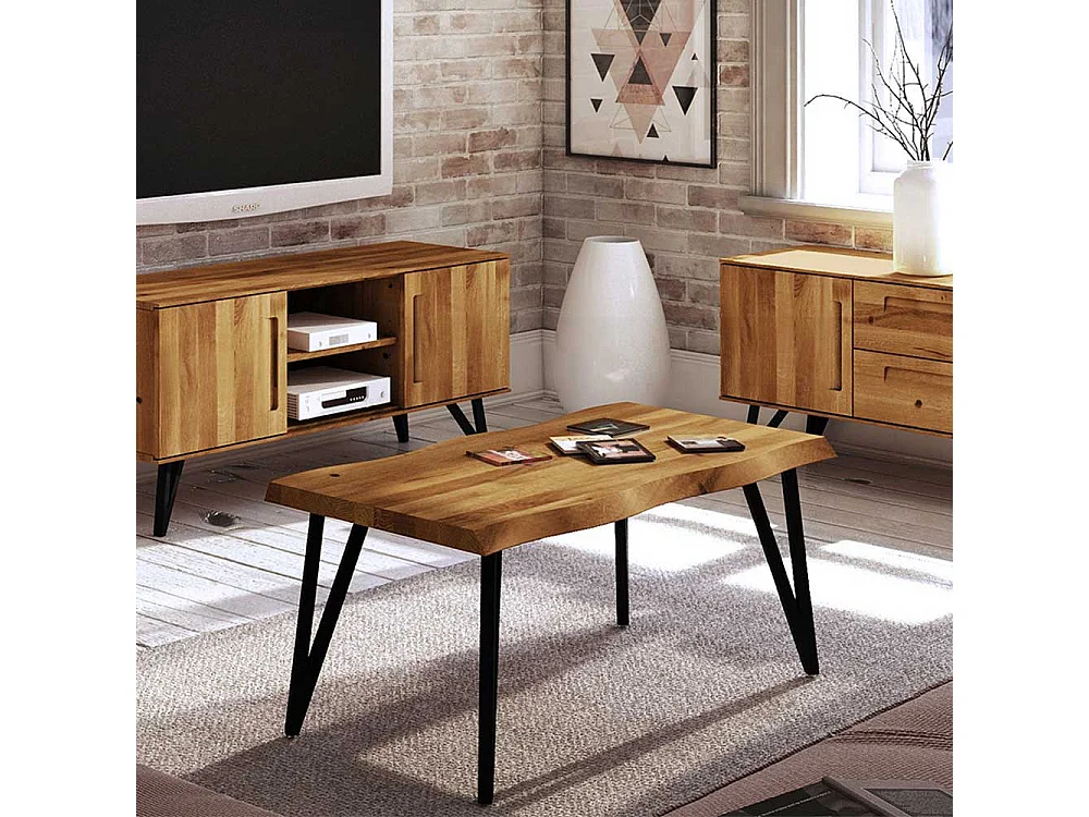 Couchtisch aus Wildeiche Massivholz und Stahl Loft Design