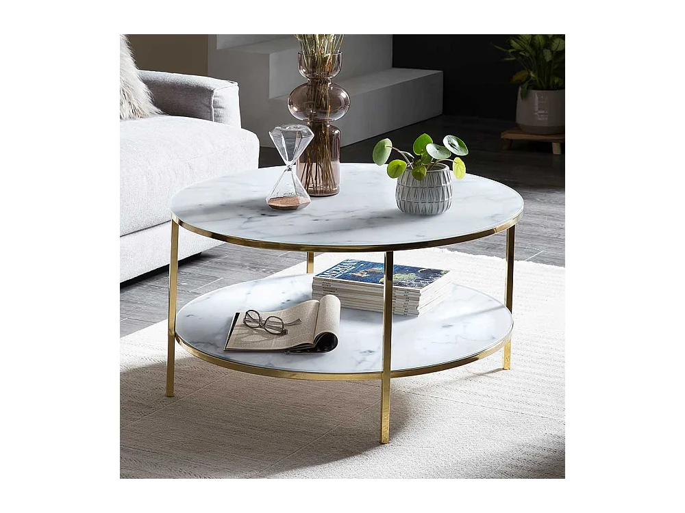 Designcouchtisch in Weiß und Goldfarben Marmoroptik