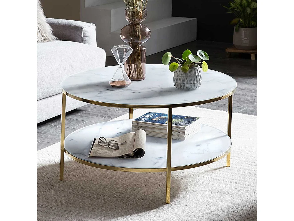 Designcouchtisch in Weiß und Goldfarben Marmoroptik