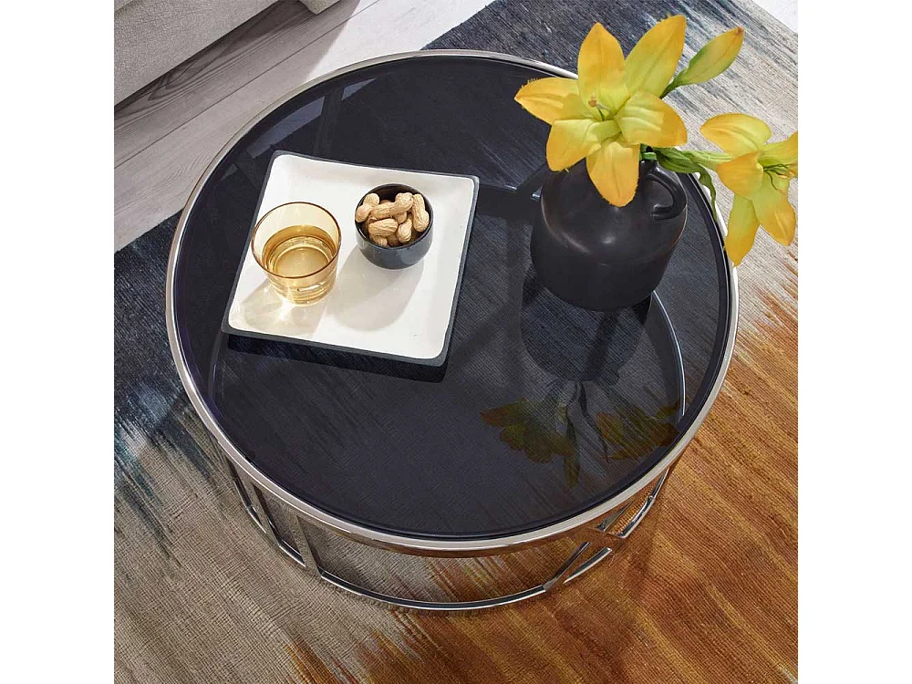 Wohnzimmer Tisch mit Glasplatte in Chromfarben Schwarz