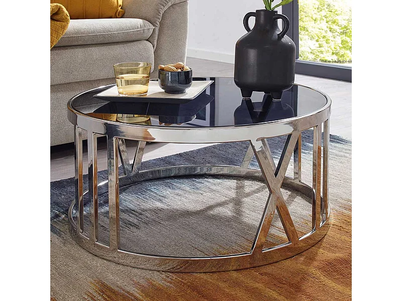 Wohnzimmer Tisch mit Glasplatte in Chromfarben Schwarz