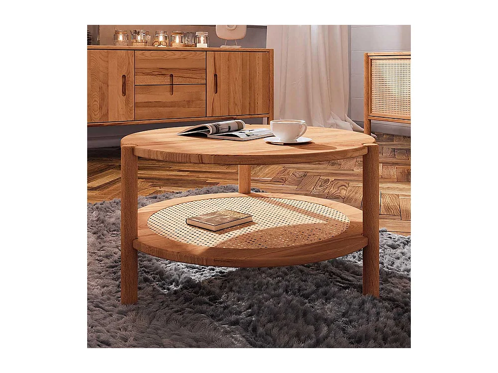 Moderner Wohnzimmertisch aus Rattan Geflecht Wildbuche Massivholz