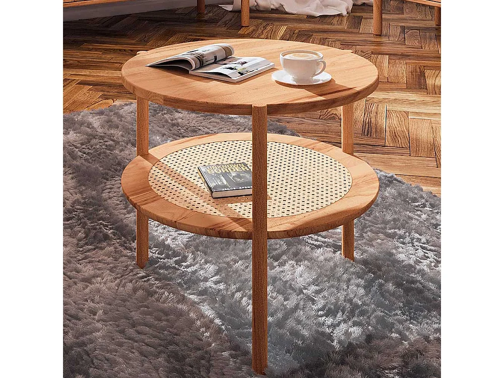 Moderner Wohnzimmertisch aus Rattan Geflecht Wildbuche Massivholz