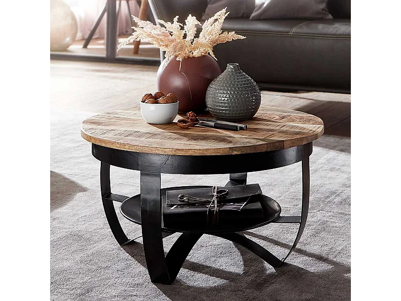 Couchtisch Industriestil aus Mangobaum Massivholz Metall