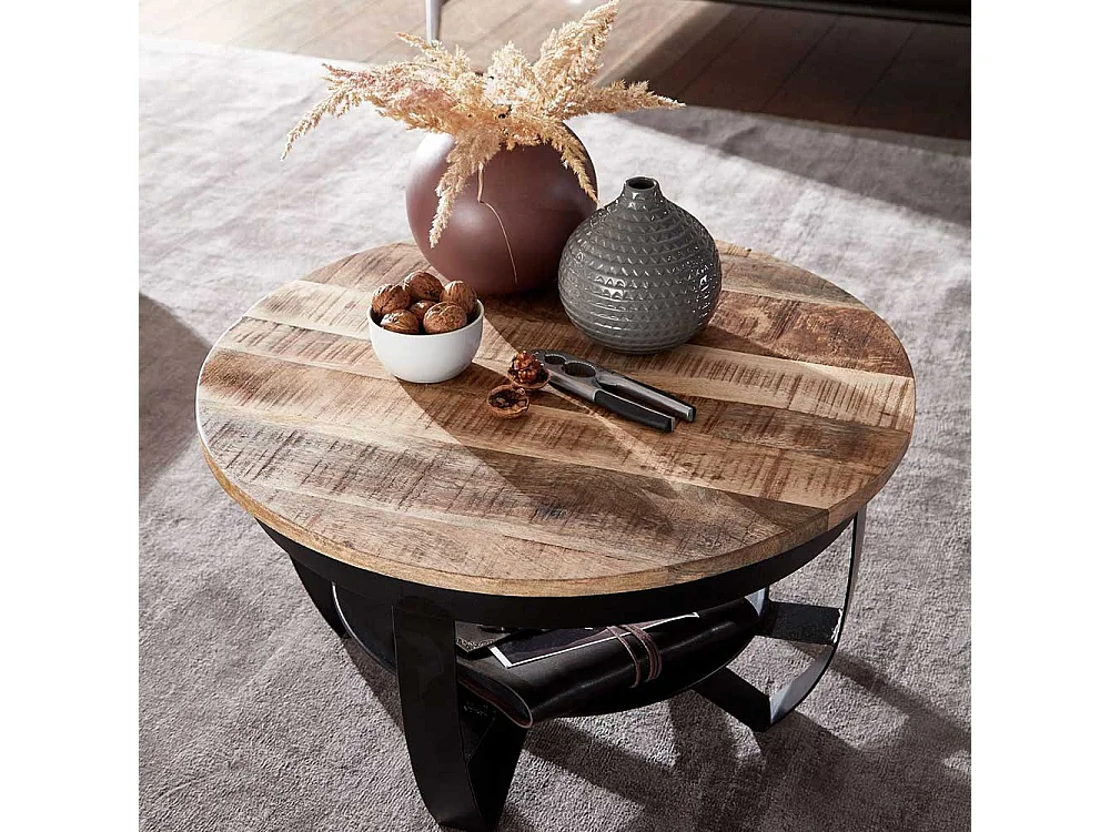 Couchtisch Industriestil aus Mangobaum Massivholz Metall