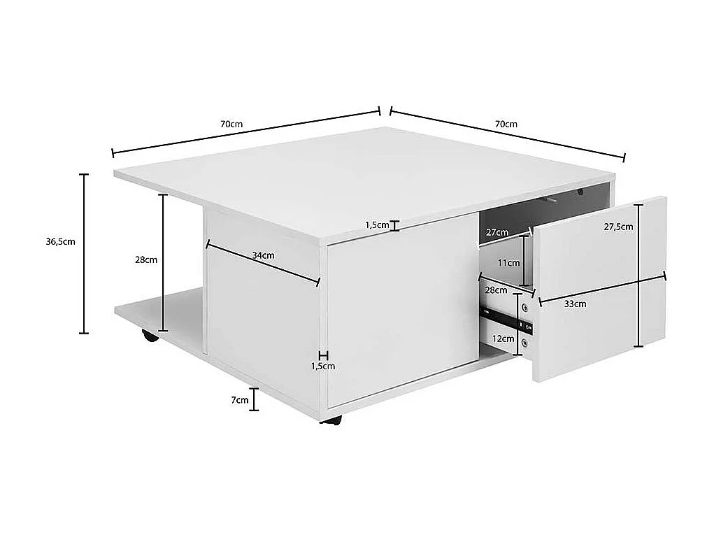 Fahrbarer Couchtisch in Weiß 70 cm breit
