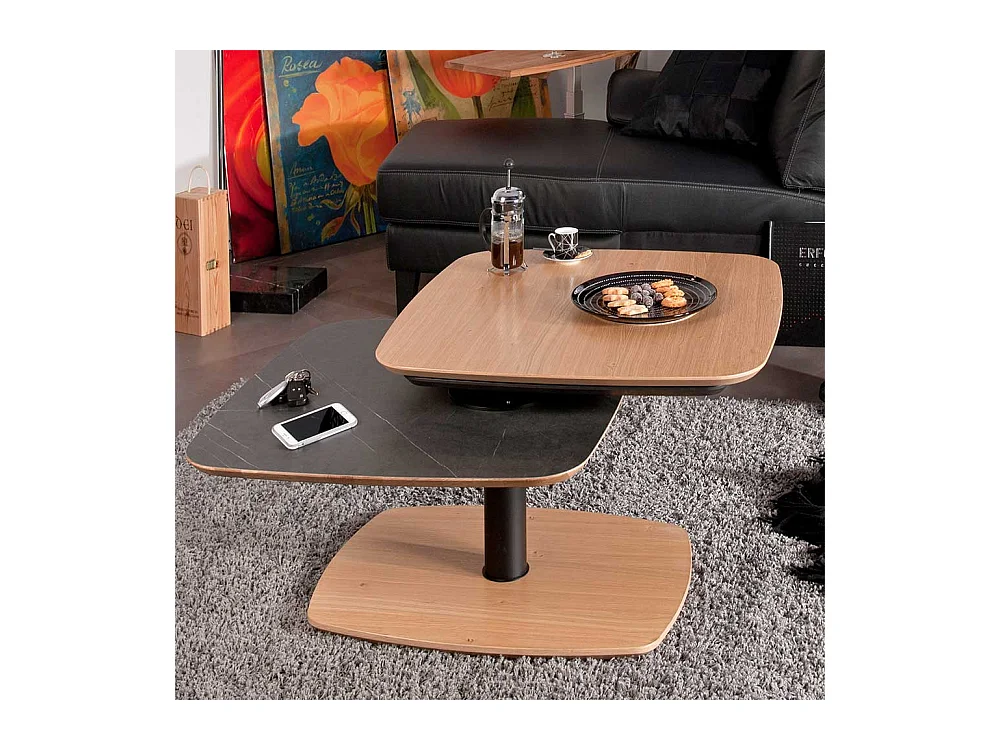 Designercouchtisch in Schwarz und Wildeiche furniert schwenkbarer Tischplatte