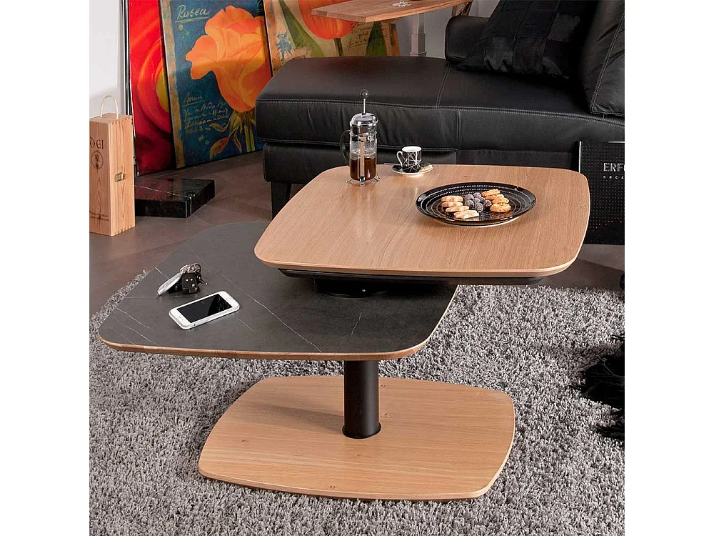 Designercouchtisch in Schwarz und Wildeiche furniert schwenkbarer Tischplatte